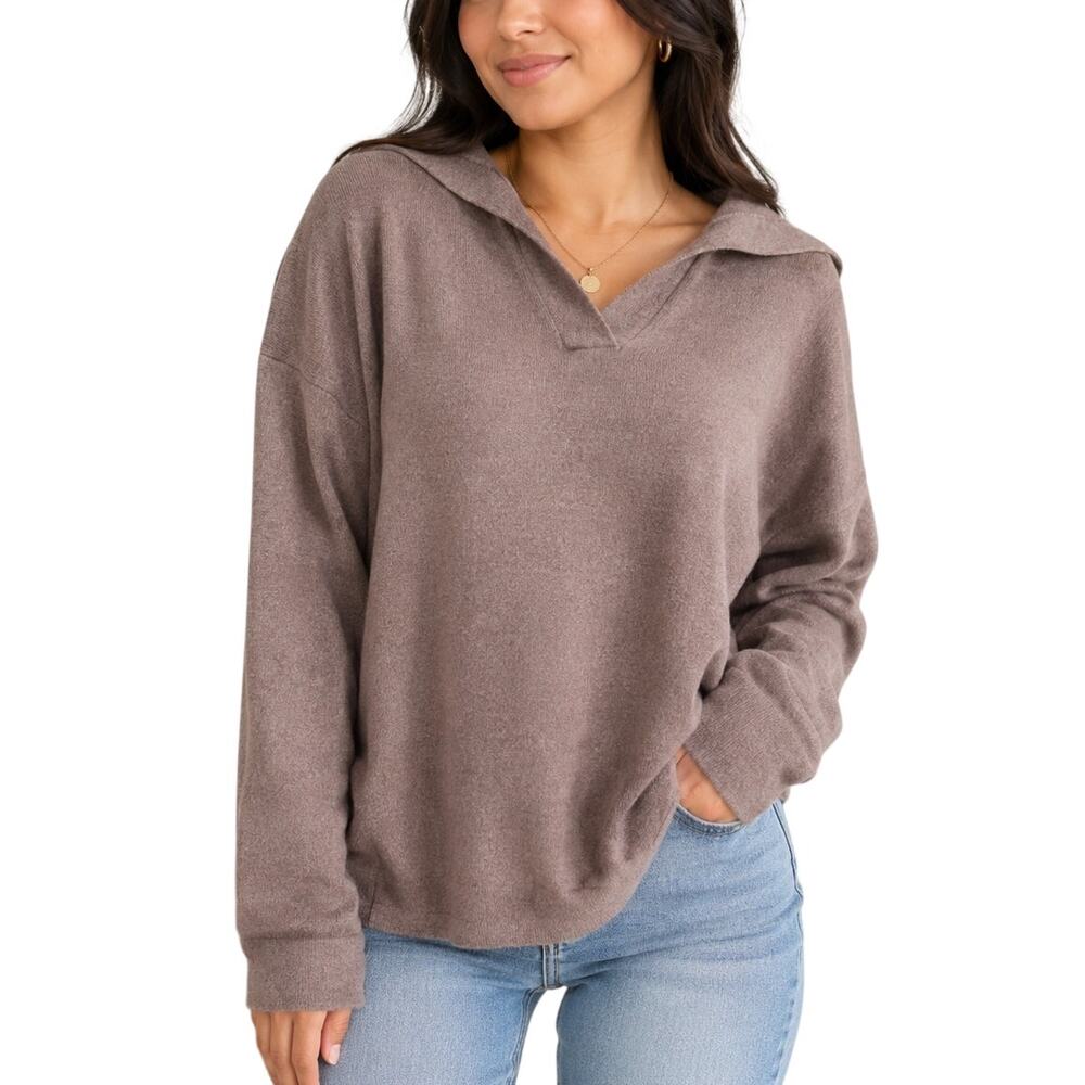 Pink Lily Chocolate Brown Acid Wash Oversized V Neck Hoodie Small